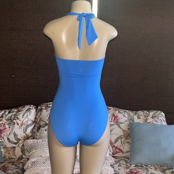 Tommy Bahama Ruched Halter-Top 4 Tummy Control Cobalt Blue One-Piece Swimsuit - Picture 6 of 9